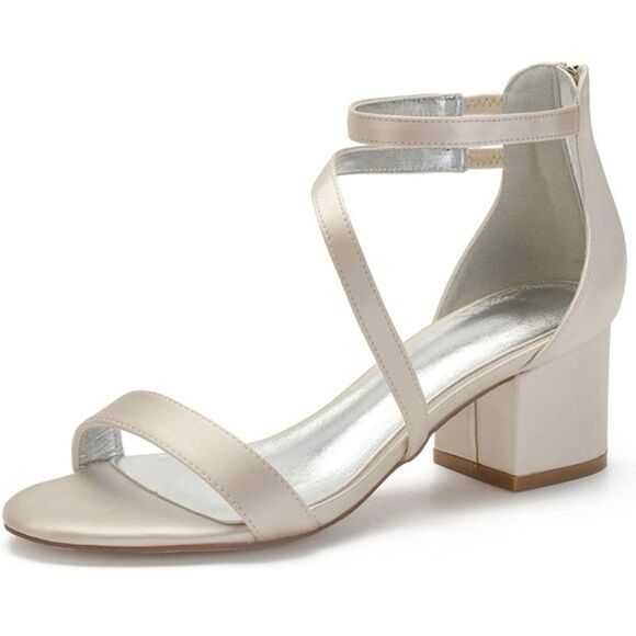 New Satin Sandals Champagne Block Heel Open Toe Wedding Prom Formal Size 39 US 8 - Picture 1 of 13